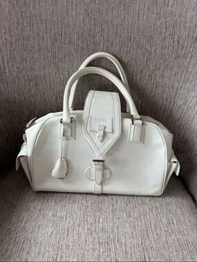 LOEWE Hand Bag Leather White Silver side pockets with front flap has lock & keys